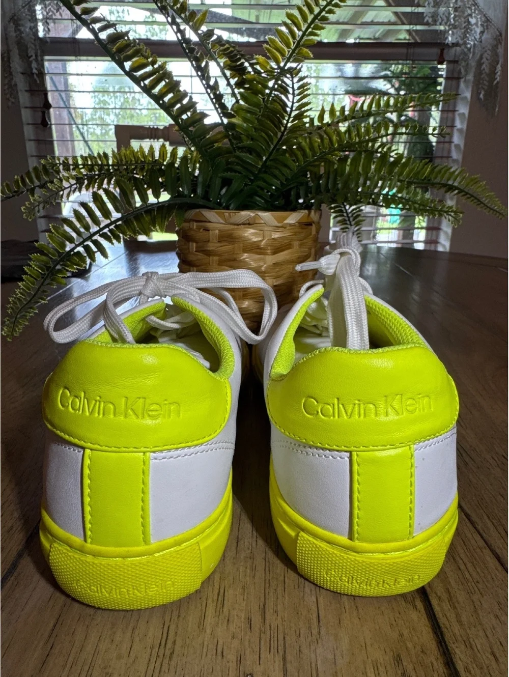 Calvin Klein Women’s White & Neon Yellow Lace-Up Sneakers Size 7.5